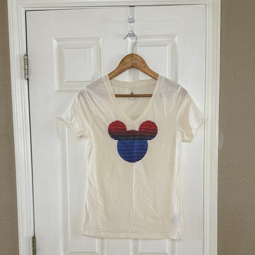 Disney White Short Sleeve V-Neck Tee with Red and Blue Mickey Graphic